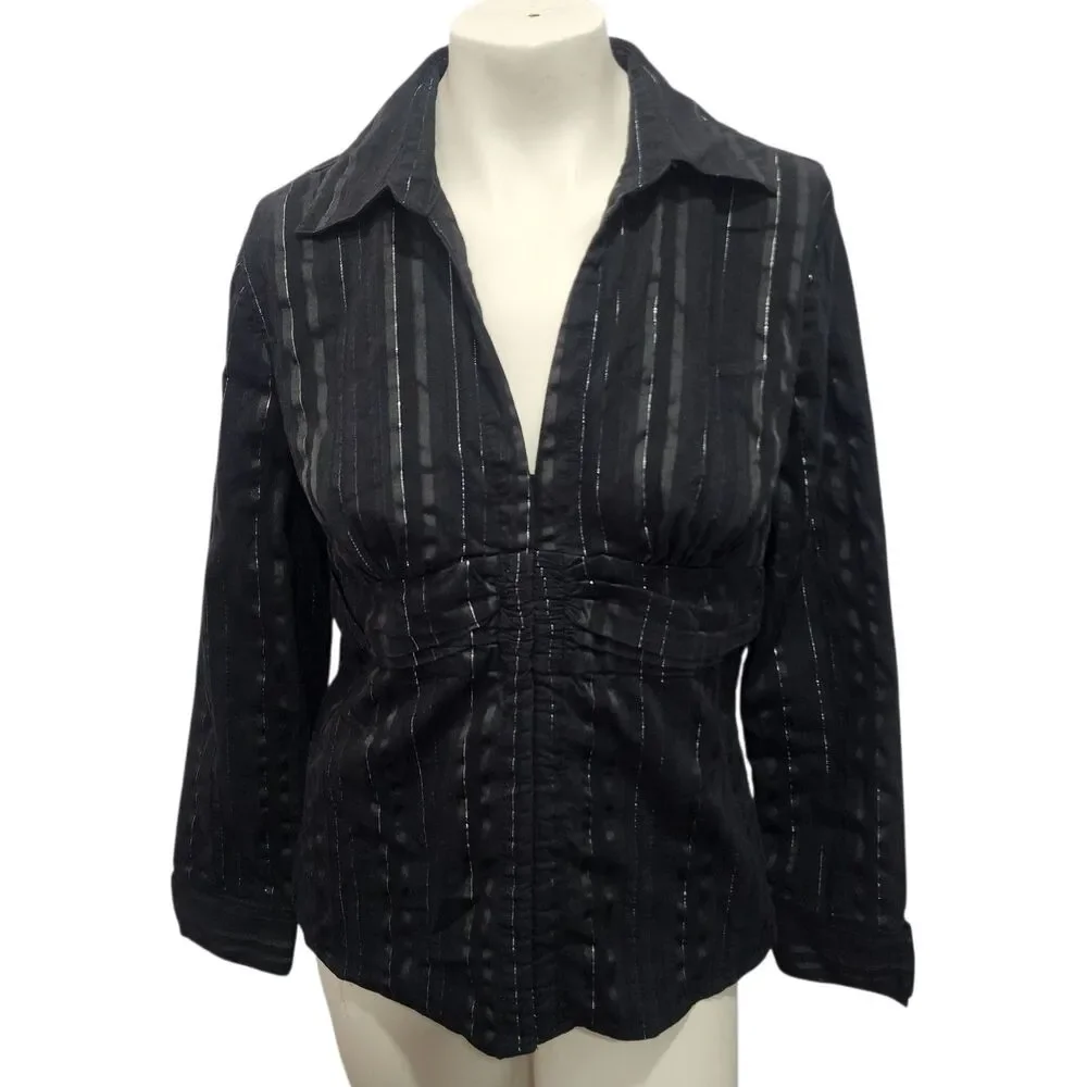 No Boundaries Black Metallic Stripe Blouse Juniors L Button‎ Front Stretch